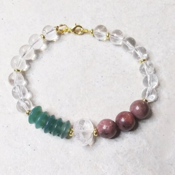 Hand Crafted Jewelry - Clear Quartz & Green Agate & Rhodonite - Heart Healing & Self Love Bracelet